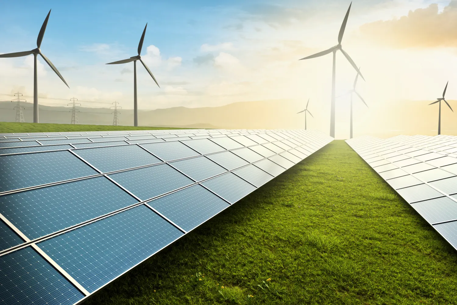 Eine hybride Szene aus erneuerbaren Energien mit Sonnenkollektoren und Windturbinen in einer ländlichen Landschaft